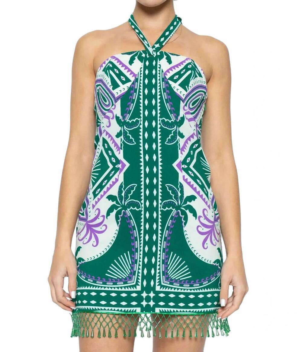NEW FORE COLLECTION halter bead hem mini dress in green and white